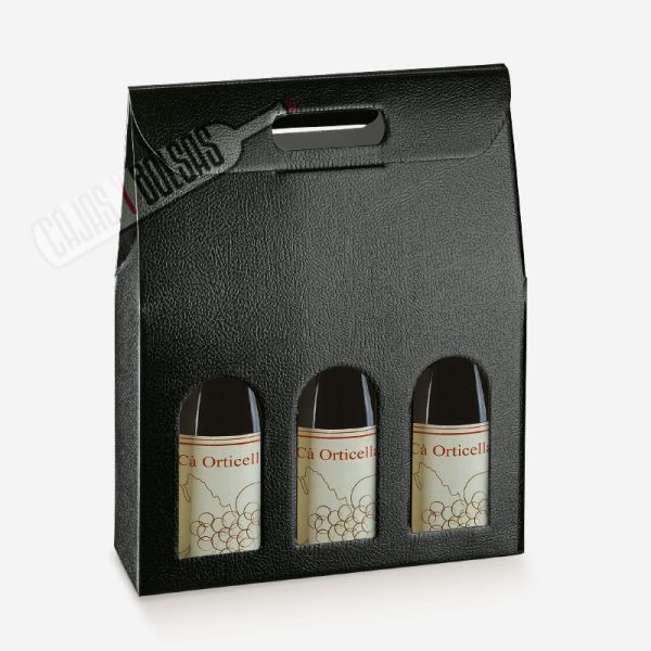 Caja para 3 botellas colección negro gofrado piel